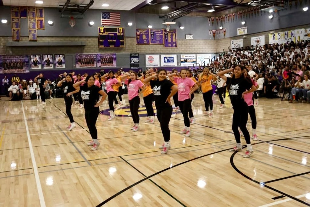 A group of students performing a synchronized dance in a gymnasium, wearing matching team shirts in different colors, with an audience seated in the background.
